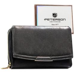 Czarny portfel damski ze skóry ekologicznej zamykany na zatrzask i suwak - Peterson. Czarne portfele damskie Peterson, ze skóry ekologicznej. Za 94.99 zł.