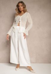 Białe Spodnie Typu Palazzo High Waist o Szerokim Kroju Arathira. Białe spodnie materiałowe damskie Renee, bez wzorów, z jeansu, eleganckie, z podwyższonym stanem. Za 39.99 zł.