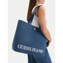 Torebka Guess Jeans. Niebieskie shopperki damskie Guess Jeans, z aplikacjami, z jeansu, bez dodatków. Za 249.99 zł.