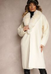 Jasnobeżowy Płaszcz z Dzianiny z Wełną Zdobiony Odpinanym Futrem Veliti. Brązowe płaszcze damskie Renee, l, z aplikacjami, z dzianiny, eleganckie, bez kołnierzyka, bez kaptura. Za 279.99 zł.