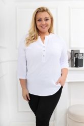 Elegancka biała bluzka z rękawem 3/4 PLUS SIZE XXL. Białe koszulki sportowe damskie Nasi partnerzy, plus size, bez wzorów, z elastanu, bez ramiączek. Za 199.90 zł.