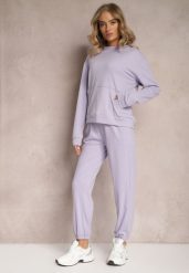Jasnofioletowy Dzianinowy Komplet Dresowy z Bluzą i Spodniami Amlore. Fioletowe bluzy damskie Renee, l, bez wzorów, z dresówki, bez ramiączek, z kapturem. Za 74.99 zł.