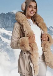Beżowa Kurtka Parka z Kapturem i Wstawkami z Futerka Caranze. Brązowe kurtki damskie Born2be, na jesień, l, bez wzorów, z kapturem. Za 179.99 zł.