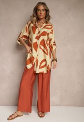 Pomarańczowy Komplet z Wiskozą Spodnie i Koszula w Geometryczny Wzór Rinmeria. Brązowe koszule damskie Renee, m, bez wzorów, z wiskozy, eleganckie, bez kołnierzyka, bez ramiączek. Za 89.99 zł.