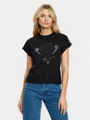 Guess T-Shirt W5RI06 I3Z14 Czarny Regular Fit. Czarne t-shirty damskie Guess, m, z aplikacjami, z bawełny, bez kołnierzyka, bez ramiączek. Za 129.99 zł.