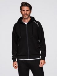 Rozpinana bluza męska ze stójką i kapturem czarna V1 OM-SSZP-0216 L. Czarne bluzy męskie Ombre, l, bez wzorów, bez ramiączek. Za 347.95 zł.