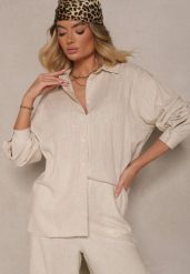 Beżowa Koszula Oversize z Lnem i Wiskozą Katilira. Brązowe koszule damskie Renee, m, bez wzorów, z jeansu, biznesowe, bez kołnierzyka, bez ramiączek. Za 74.99 zł.