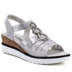 Skórzane sandały damskie na koturnie srebrne T.Sokolski L26-619. Szare sandały damskie T.Sokolski, bez wzorów, ze skóry, bez obcasa, na koturnie, bez zapięcia. Za 169.99 zł.