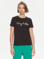 Tommy Hilfiger T-Shirt Signature WW0WW41674 Czarny Regular Fit. Czarne t-shirty damskie Tommy Hilfiger, xs, bez wzorów, z bawełny, bez kołnierzyka, bez ramiączek. Za 119.99 zł.
