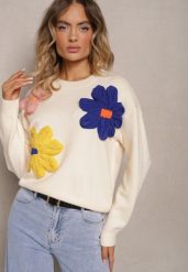 Beżowy Sweter z Dodatkiem Wiskozy Ozdobiony Kwiatami 3D Nanivia. Brązowe swetry nierozpinane damskie Renee, z aplikacjami, z jeansu, casualowe, bez kołnierzyka, bez ramiączek. Za 69.99 zł.