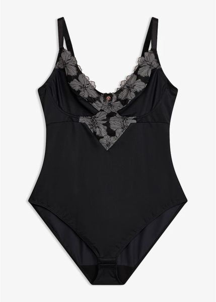 Mocno modelujące body bez fiszbin z haftem. Czarne body bonprix, bez wzorów. Za 124.99 zł.