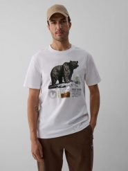 4F T-shirt regular z nadrukiem męski - kremowy L. Białe koszulki sportowe męskie 4F, l, bez wzorów, z bawełny, bez ramiączek, trekkingowe. Za 79.99 zł.