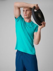 4F Koszulka treningowa regular szybkoschnąca męska - turkusowa S. Niebieskie koszulki sportowe męskie 4F, m, bez wzorów, ze skóry, bez ramiączek. Za 79.99 zł.