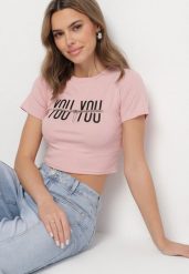Różowy Bawełniany T-shirt z Napisem i Łańcuchem Olimelia. Czerwone t-shirty damskie Born2be, m, bez wzorów, z bawełny, bez kołnierzyka, bez ramiączek. Za 34.99 zł.