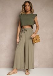 Ciemnozielone Szerokie Spodnie z Wiskozy ze Sznurkiem Natisetia. Zielone spodnie materiałowe damskie Renee, bez wzorów, z jeansu, eleganckie. Za 49.99 zł.