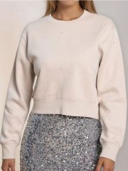 Krótka bluza crewneck z cyrkoniami - beżowy. Brązowe bluzy damskie Sinsay, l, bez wzorów, bez ramiączek, bez kaptura. W wyprzedaży za 19.99 zł.