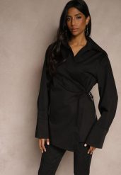 Czarna Koszulowa Bluzka Kimono z Bawełny o Asymetrycznym Kroju Wiązana w Pasie Delainor. Czarne bluzki damskie Renee, l, bez wzorów, z bawełny, biznesowe, z asymetrycznym kołnierzem, bez ramiączek. Za 119.99 zł.