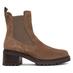 Botki Tamaris. Brązowe botki damskie Tamaris, bez wzorów, bez obcasa, na słupku, bez zapięcia. Za 469.99 zł.