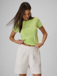 4F T-shirt slim z nadrukiem damski - żółty XS. Żółte t-shirty damskie 4F, l, bez wzorów, z bawełny, bez kołnierzyka, bez ramiączek. Za 59.99 zł.