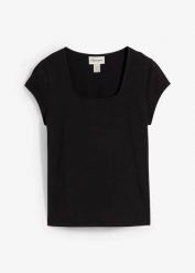 T-shirt z bawełną organiczną. Czarne t-shirty damskie bonprix, bez wzorów, z bawełny, bez kołnierzyka, bez ramiączek. Za 24.99 zł.