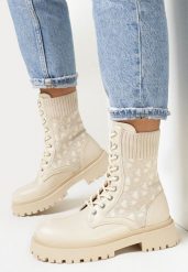 Beżowe Botki Workery z Elastyczną Cholewką Sznurowane Aegadia. Brązowe botki damskie Born2be, bez wzorów, z jeansu, eleganckie, bez obcasa, na obcasie, bez zapięcia. Za 99.99 zł.