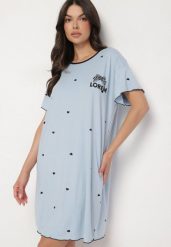 Niebieska Koszula Nocna z Bawełną w Kropki z Napisem Firasine. Niebieskie koszule nocne damskie Born2be, bez wzorów, z bawełny, bez ramiączek. Za 39.99 zł.