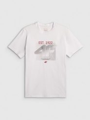 4F T-shirt regular z nadrukiem męski - biały XL. Białe t-shirty męskie 4F, m, bez wzorów, z materiału, bez kołnierzyka, bez ramiączek. Za 69.99 zł.