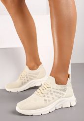 Beżowe Buty Sportowe Wsuwane ze Skórzaną Wkładką i Cyrkoniami Patantia. Brązowe obuwie sportowe damskie Born2be, z aplikacjami, z jeansu, bez zapięcia. Za 49.99 zł.