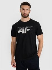 4F T-shirt regular z nadrukiem męski - czarny S. Czarne t-shirty męskie 4F, m, bez wzorów, z bawełny, bez kołnierzyka, bez ramiączek. Za 59.99 zł.