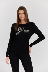 GUESS Czarny damski sweter Olive z haftowanym logo. Czarne swetry nierozpinane damskie Guess, s, z aplikacjami, z materiału, eleganckie, bez kołnierzyka, bez ramiączek. W wyprzedaży za 246.99 zł.