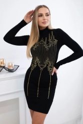 Sukienka dzianinowa ze złotym wzorem z cyrkonii czarna. Czarne sukienki damskie KESI, na imprezę, l, bez wzorów, z dzianiny, eleganckie, bez kołnierzyka, plus size, bez ramiączek, dopasowane. Za 278.10 zł.