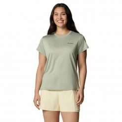 Koszulka techniczna damska Columbia BlueVista Hill Short Sleeve Crew. Zielone bluzki damskie Columbia, s, bez wzorów, sportowe, bez kołnierzyka, bez ramiączek. Za 94.99 zł.