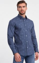 Ombre Klasyczna męska bawełniana koszula SLIM FIT w palmy - ciemnoniebieska V5 OM-SHCS-0156 S. Niebieskie koszule męskie Ombre, m, bez wzorów, z bawełny, klasyczne, bez kołnierzyka, bez ramiączek. Za 139.99 zł.