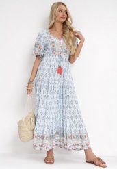 Jasnoniebieska Sukienka Maxi z Gumką i Sznurkiem z Chwostami w Pasie Maryse. Niebieskie sukienki damskie Born2be, na lato, l, bez wzorów, bez kołnierzyka, bez ramiączek, maxi. Za 99.99 zł.