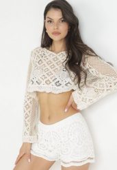 Białe Szorty z Ażurowej Tkaniny z Gumką w Pasie Hiroia. Białe szorty damskie Born2be, w ażurowe wzory, z tkaniny, wakacyjne. Za 69.99 zł.