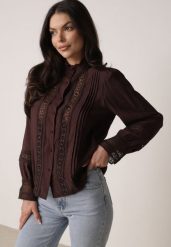 Brązowa Koszula ze Stójką i Koronką Argochis. Brązowe koszule damskie Born2be, l, bez wzorów, z jeansu, bez kołnierzyka, bez ramiączek. Za 119.99 zł.