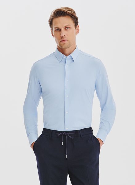 PAKO LORENTE – Niebieska dzianinowa koszula męska. Niebieskie koszule męskie Pako Lorente, m, bez wzorów, z dzianiny, klasyczne, bez kołnierzyka, bez ramiączek. Za 199.99 zł.