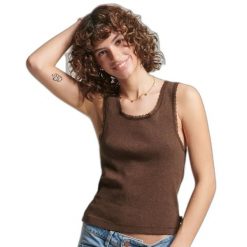 Tank top z koronkowym wykończeniem dla kobiet Superdry. Brązowe topy damskie Superdry, l, bez wzorów, z koronki, bez kołnierzyka, bez ramiączek. Za 107.05 zł.
