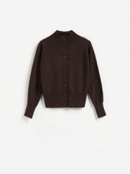 Kardigan z bawełną - ciemnobrązowy. Brązowe kardigany damskie Reserved, l, bez wzorów, z bawełny, bez kołnierzyka. Za 139.99 zł.