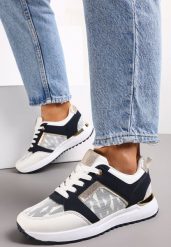 Biało-Granatowe Sznurowane Sneakersy z Nadrukowanymi Literami Dandia. Białe obuwie sportowe damskie Renee, na jesień, bez wzorów, bez zapięcia. Za 69.99 zł.