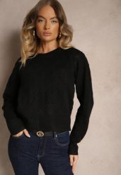 Czarny Sweter w Klasycznym Stylu z Tłoczonym Wzorem Deriel. Czarne swetry nierozpinane damskie Renee, na zimę, bez wzorów, casualowe, bez kołnierzyka, bez ramiączek. Za 129.99 zł.