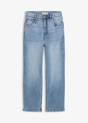 Luźne jeansy, high waist, cropped. Niebieskie jeansy damskie bonprix, bez wzorów, z jeansu, z podwyższonym stanem. Za 124.99 zł.