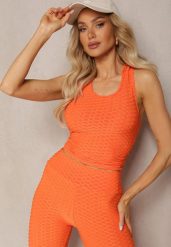 Pomarańczowy Tank Top z Tłoczonym Wzorem Aeronna. Brązowe topy damskie Renee, l, bez wzorów, z jeansu, klasyczne, bez kołnierzyka, bez ramiączek. Za 29.99 zł.