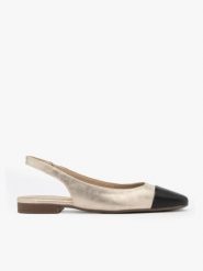 Platynowe baleriny typu slingback z czarnym noskiem. Szare balerinki damskie Brawo sp. z o.o., bez wzorów, z gumy, z okrągłym noskiem, bez obcasa, na płaskiej podeszwie, bez zapięcia. W wyprzedaży za 224.99 zł.