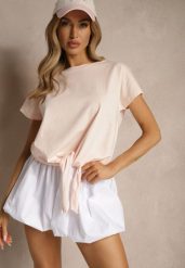 Jasnoróżowy Bawełniany T-shirt Wiązany u Dołu Sunalina. Czerwone t-shirty damskie Renee, l, bez wzorów, z bawełny, bez kołnierzyka, bez ramiączek. Za 29.99 zł.