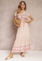 Jasnoróżowa Rozkloszowana Sukienka Maxi z Gumkami w Pasie z Bawełny Besie. Czerwone sukienki damskie Renee, na co dzień, l, bez wzorów, z bawełny, bez kołnierzyka, bez ramiączek, maxi, rozkloszowane. Za 89.99 zł.