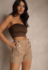 Ciemnobeżowe Bawełniane Szorty High Waist Ozdobione Guzikami Seporiae. Brązowe szorty damskie Renee, bez wzorów, z bawełny, eleganckie, z podwyższonym stanem. Za 44.99 zł.