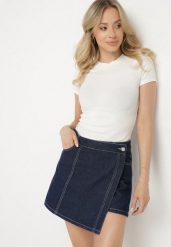 Granatowe Jeansowe Spódnico-Szorty o Asymetrycznym Kroju z Ozdobnymi Przeszyciami Lisarennea. Niebieskie szorty damskie Born2be, bez wzorów, z jeansu, eleganckie. Za 139.99 zł.