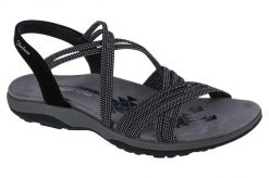 Sandały damskie, Reggae Slim - Turn It Up. Czarne sandały damskie Skechers, bez wzorów, z materiału, bez obcasa, bez zapięcia. Za 249.99 zł.