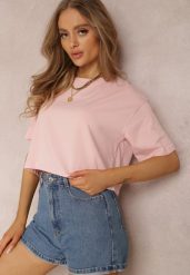Jasnoróżowy T-shirt Phelista. Czerwone t-shirty damskie Renee, l, bez wzorów, z jeansu, klasyczne, bez kołnierzyka, bez ramiączek. Za 29.99 zł.